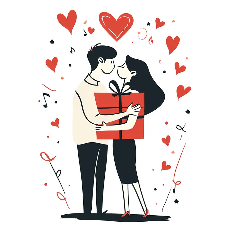 Couple with Gift and Hearts