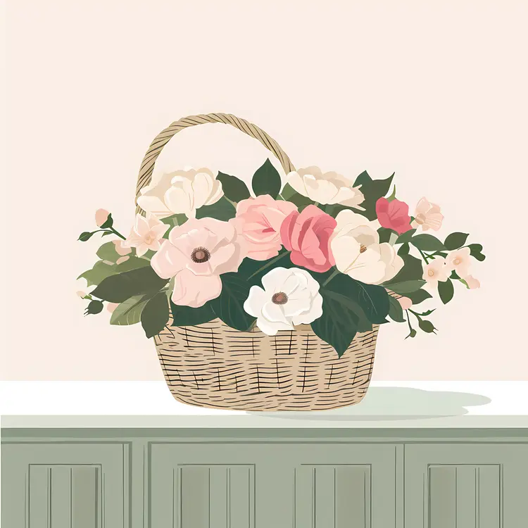 Pink and White Flowers in a Wicker Basket