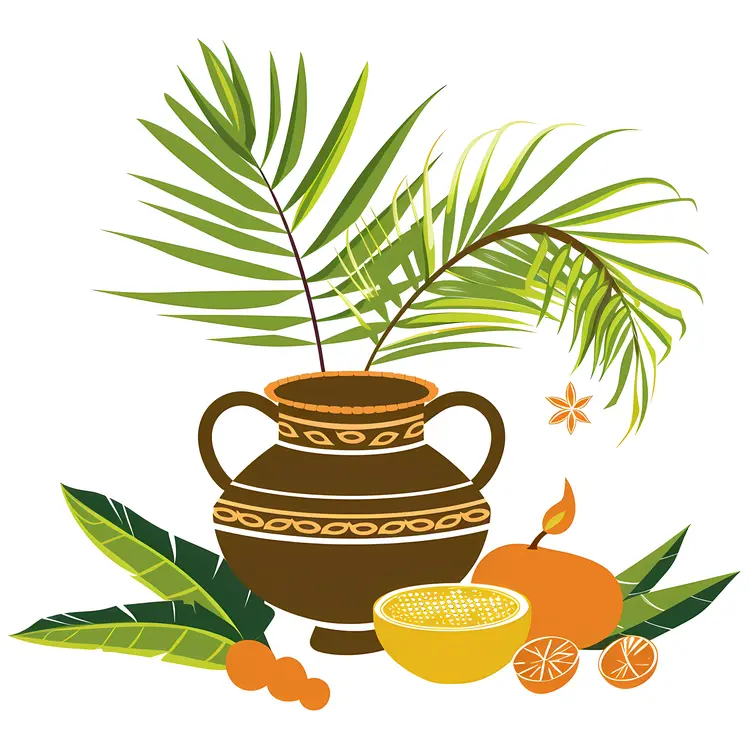 Clay Pot with Leaves and Fruits