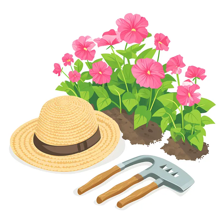 Gardening Tools and Hat with Pink Flowers