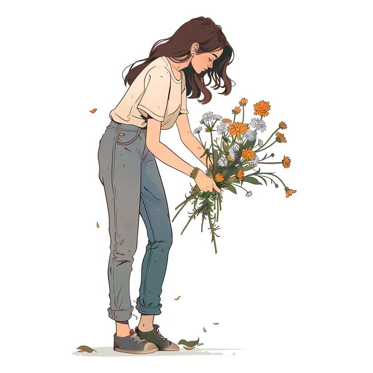 Girl Holding Flowers Illustration