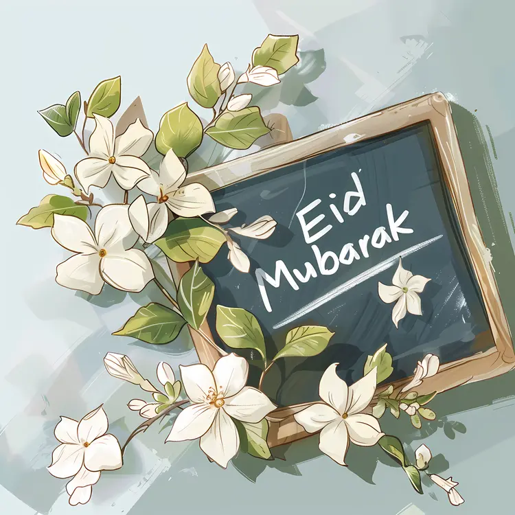 Eid Mubarak Chalkboard with White Flowers