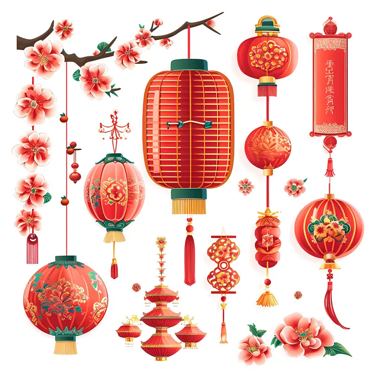 Traditional Red Lanterns and Cherry Blossoms for Chinese New Year