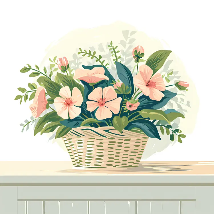Pink and White Flowers in a Wicker Basket