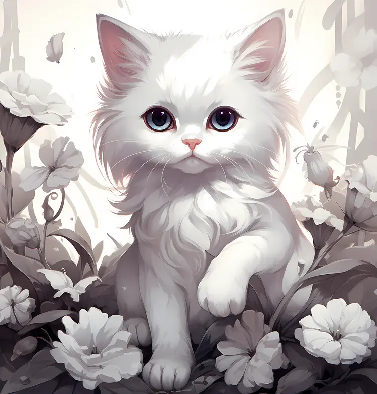 White Kitten with Flowers