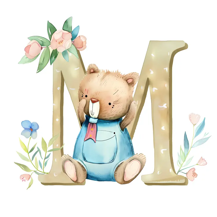 Letter M with Cute Beaver and Flowers