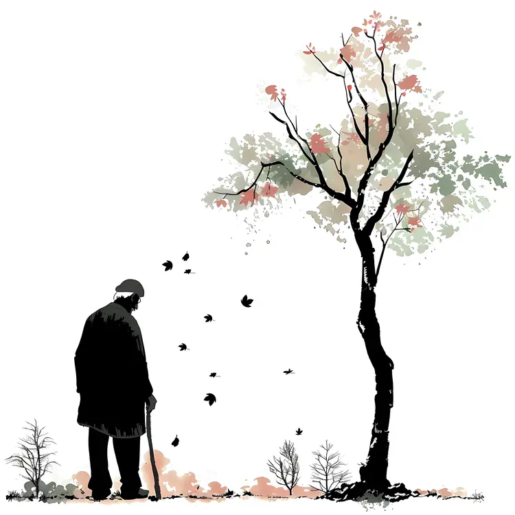 Silhouette of Person with Cane Walking Near Tree