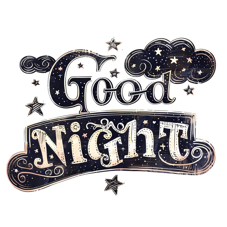 Good Night Text with Clouds and Stars