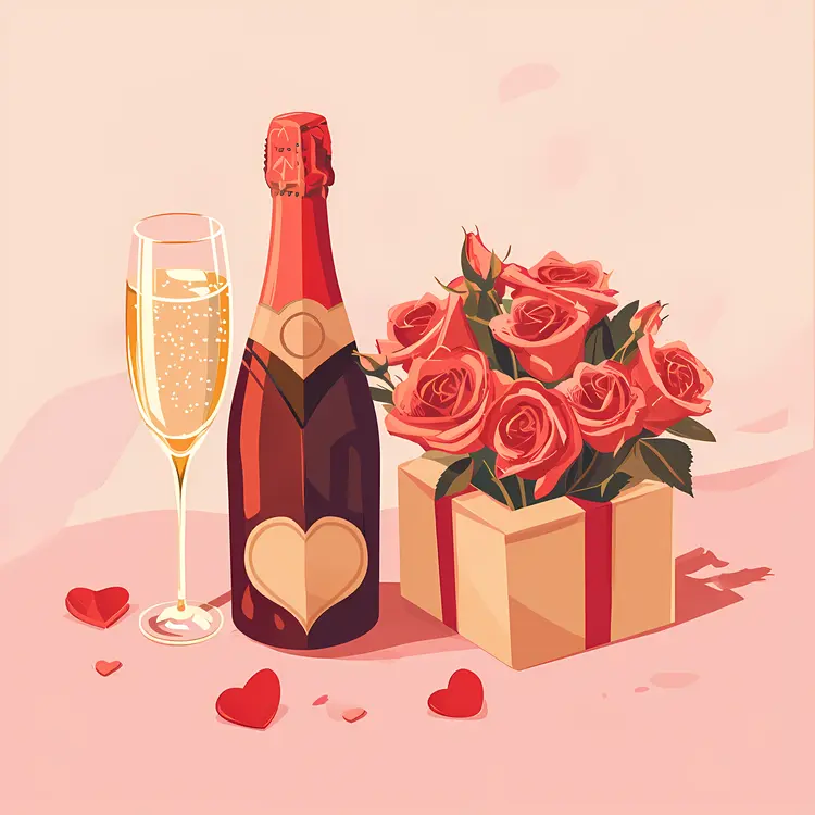 Romantic Champagne Bottle with Roses and Hearts