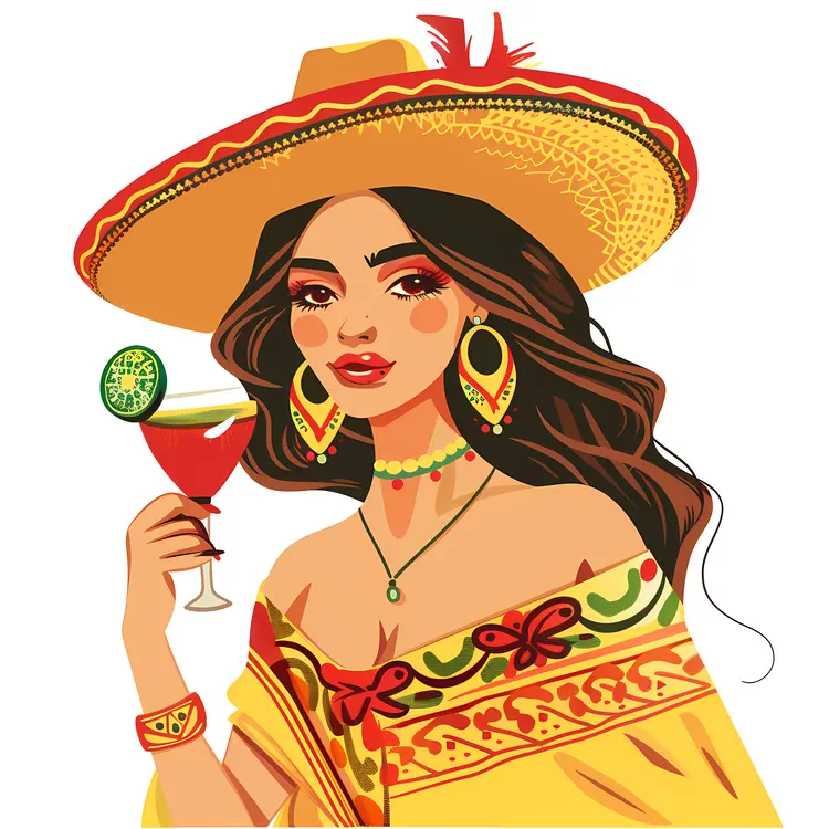 Relaxing Woman in Colorful Dress with Drink