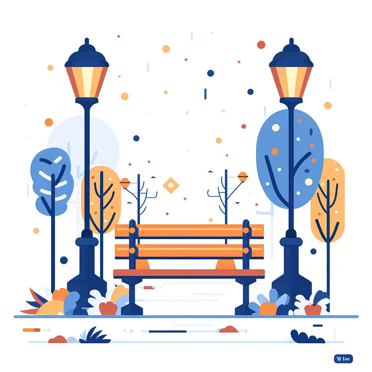 Colorful Park Bench with Lamp Posts and Leaves
