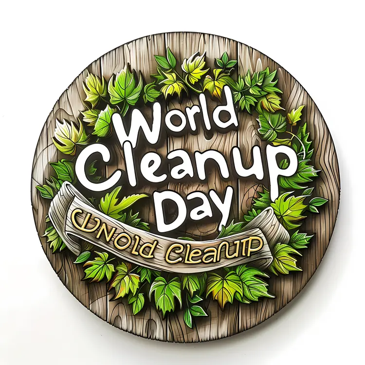 World Cleanup Day Wooden Sign with Leaves