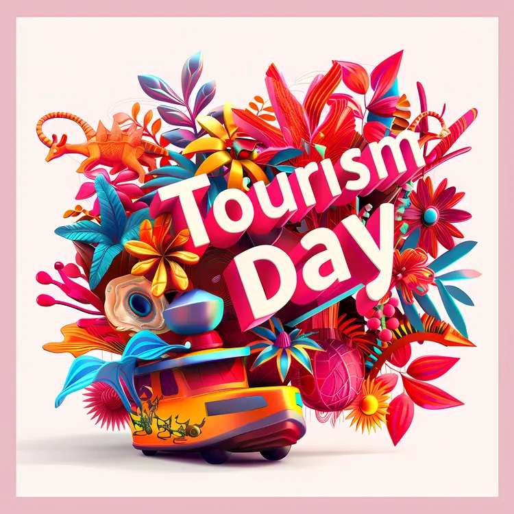 Colorful Tourism Day Poster with Flowers and Bus