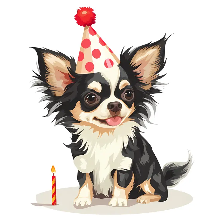 Black and White Dog with Birthday Hat and Candle