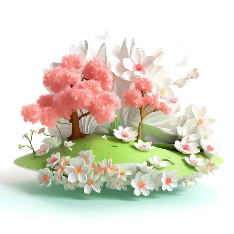 Pink Paper Trees and White Flowers