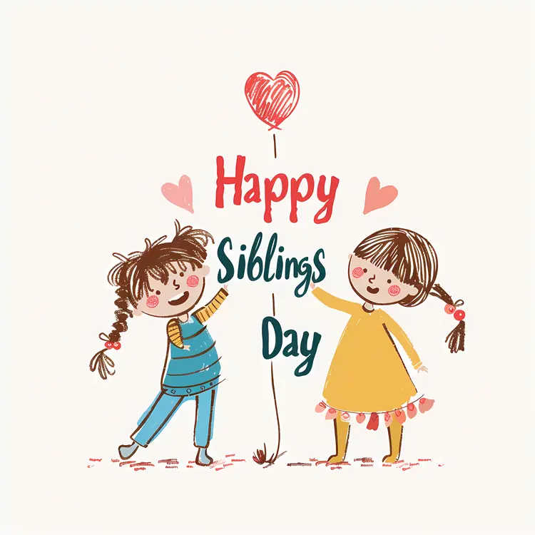 Happy Siblings Day Cartoon Illustration with Two Girls and Balloon