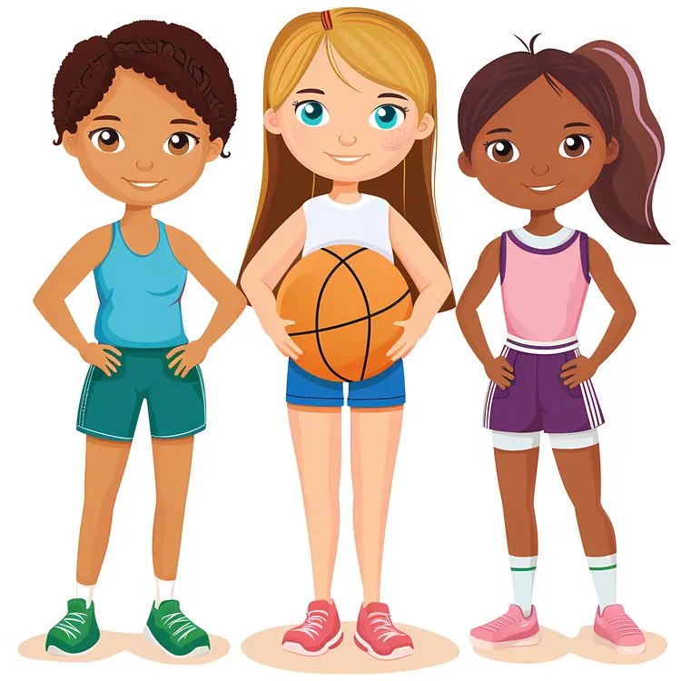 Girls with Basketball in Sports Outfits