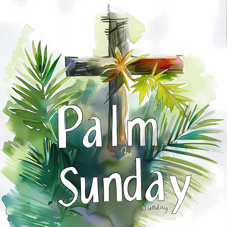 Watercolor Palm Sunday Cross with Palm Leaves