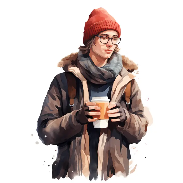 Man with Coffee Cup in Winter Clothing