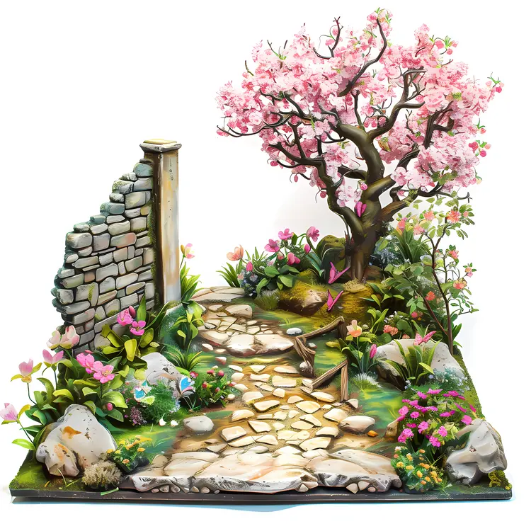 Stone Pathway in a Blooming Garden