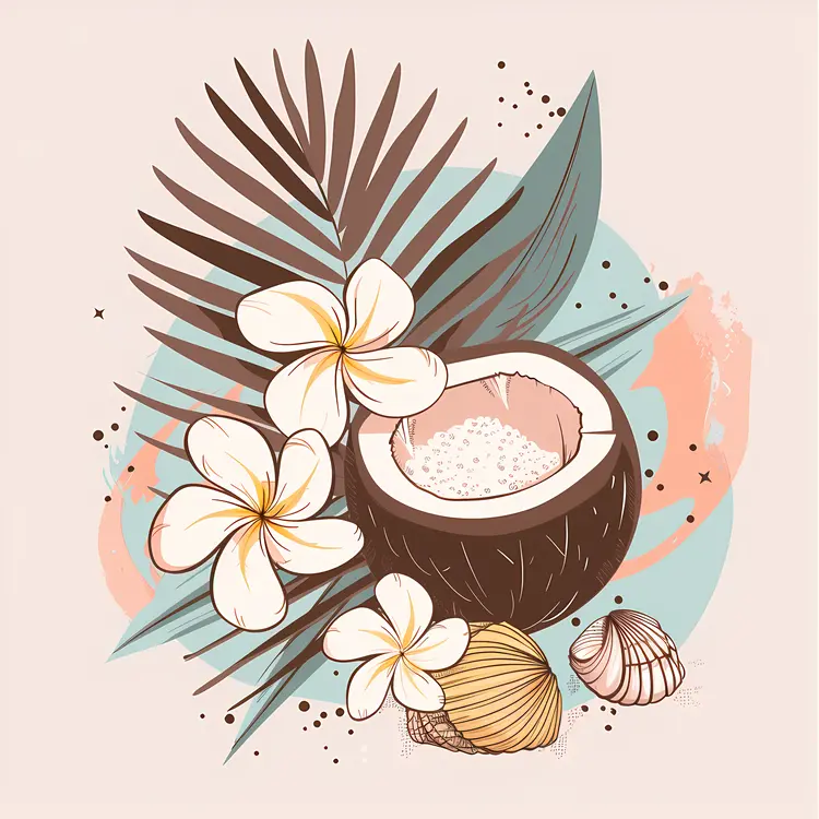 Coconut with Flowers and Leaves