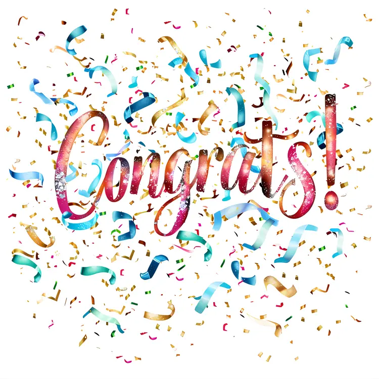 Congrats Text with Colorful Confetti and Ribbons