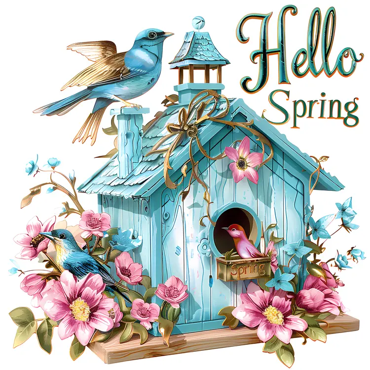 Charming Birdhouse with Spring Flowers and Birds