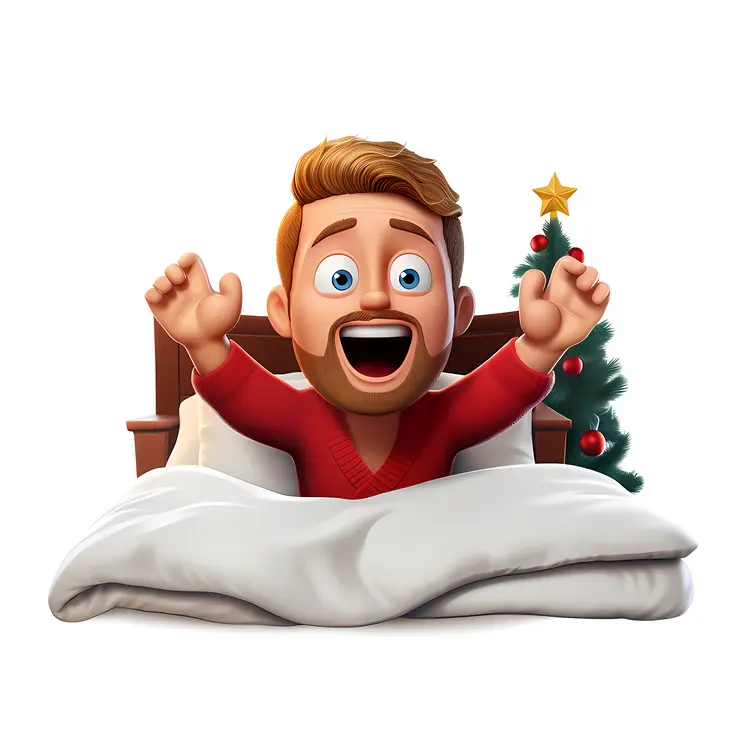 Happy Man in Bed with Christmas Tree