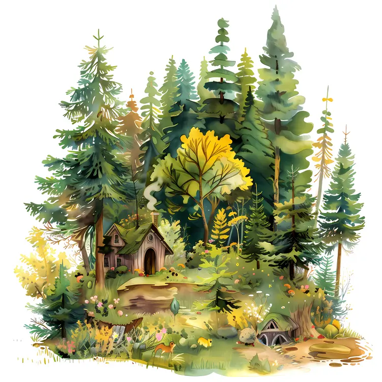 Forest with Small Houses and Foliage