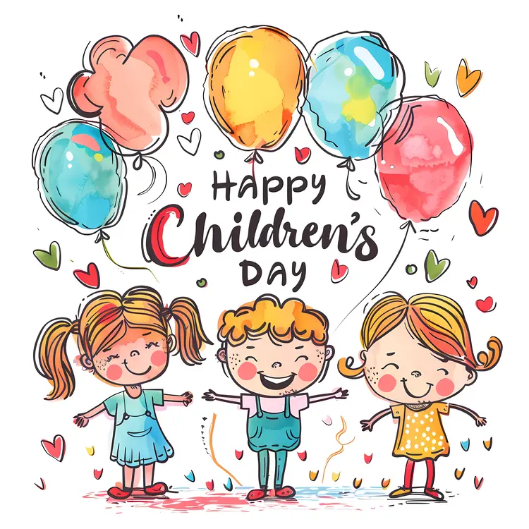 Happy Children's Day with Group of Kids and Balloons