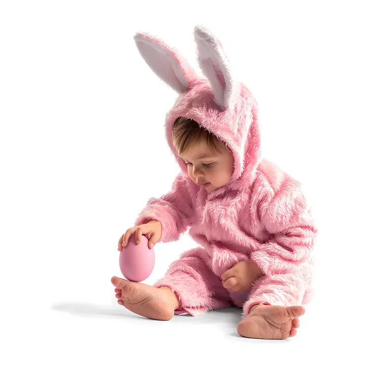 Adorable Baby in Pink Bunny Costume with an Egg