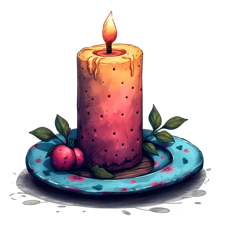 Red Candle with Berries on a Plate