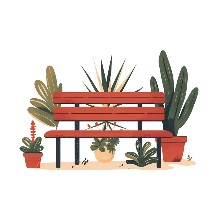 Red Bench with Plants and Pots