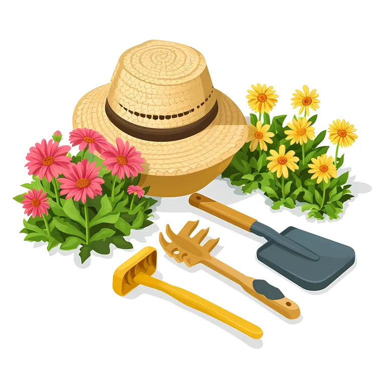 Gardening Tools and Hat with Colorful Flowers