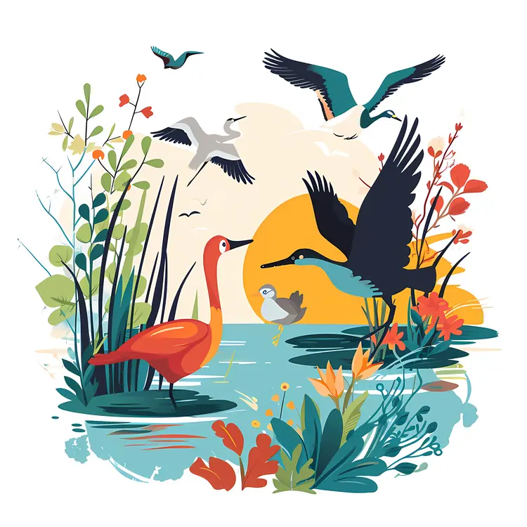 Colorful Birds in a Wetland at Sunset