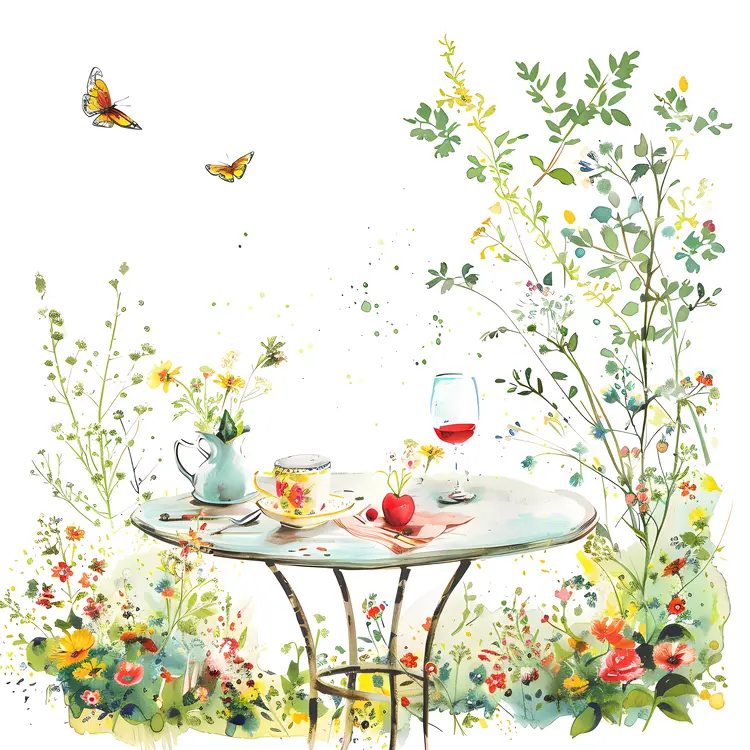 Garden Table with Flowers and Butterflies