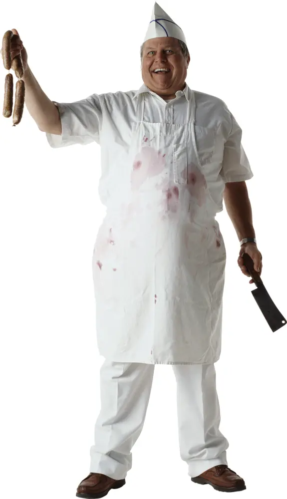 Butcher Holding Sausages and Cleaver