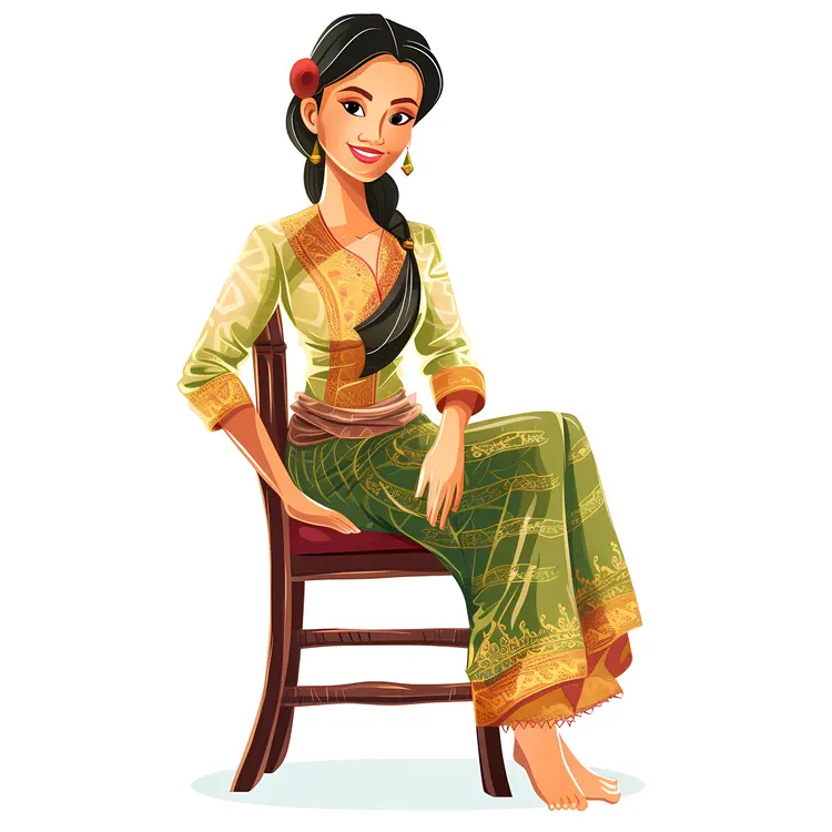 Woman in Green Traditional Dress Sitting on a Chair
