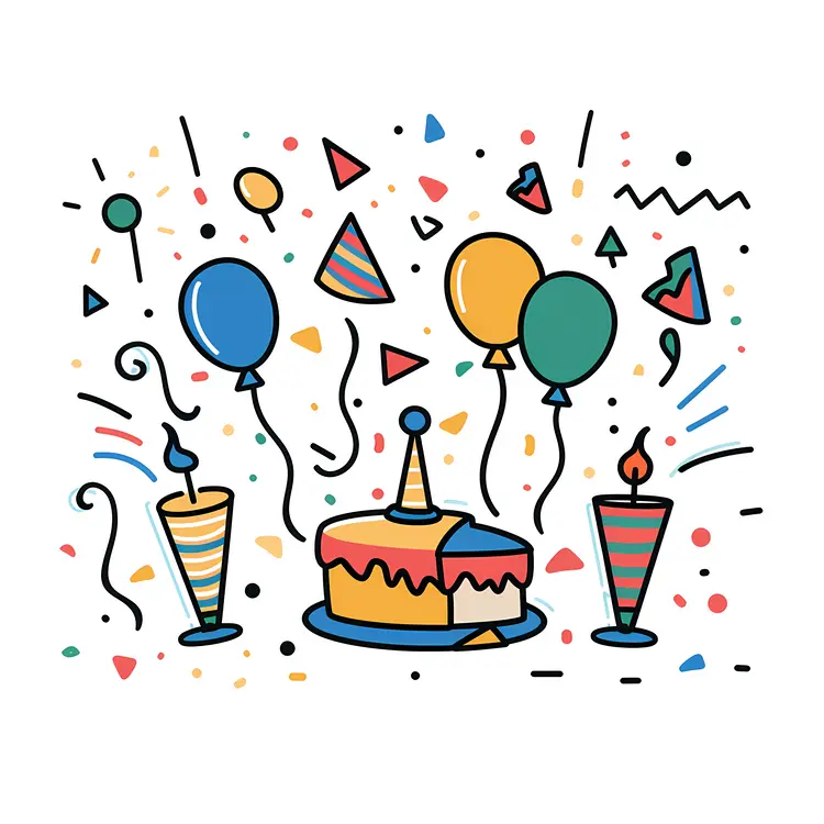 Cake and Balloons with Candles and Confetti