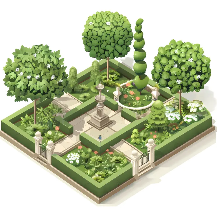 Beautiful Garden with Trees and Fountain