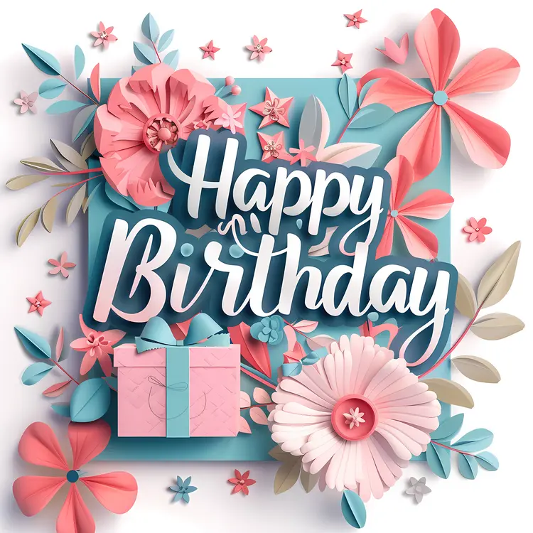 Happy Birthday with Floral Decorations and Gift Box
