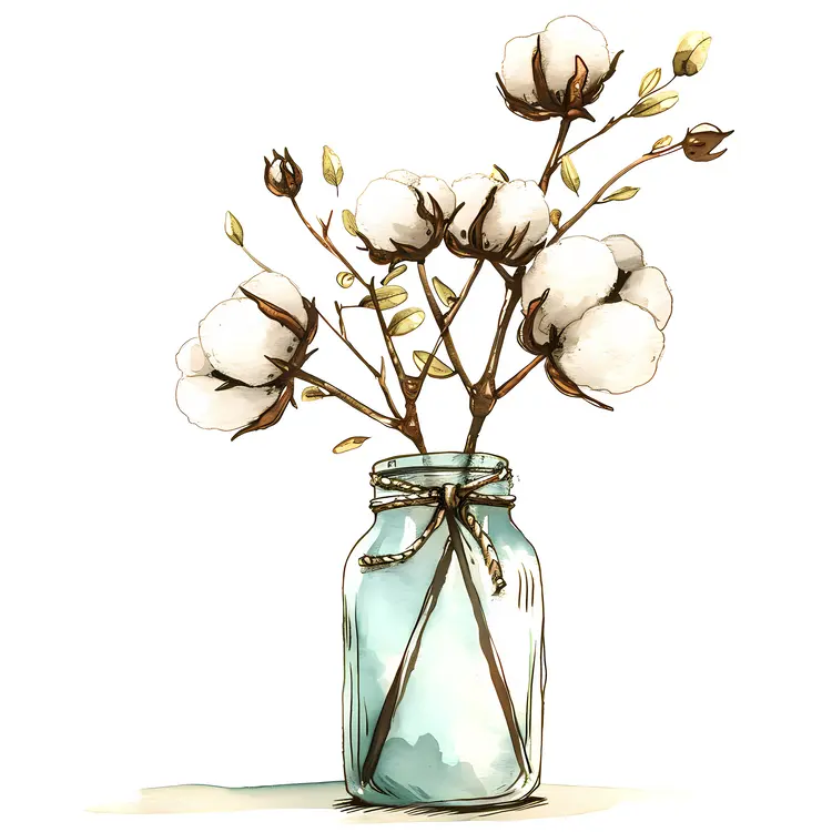 White Cotton Stems in a Tied Jar