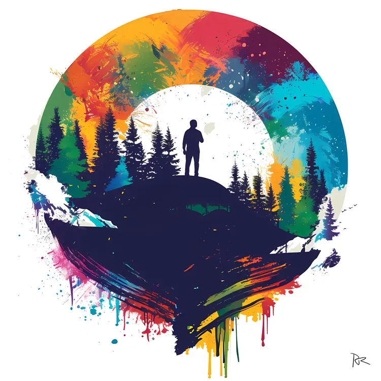 Colorful Forest with Silhouette in Circle