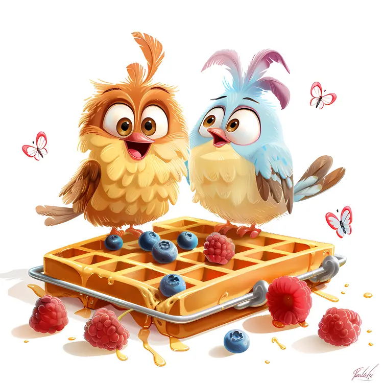 Cute Birds on a Waffle with Berries