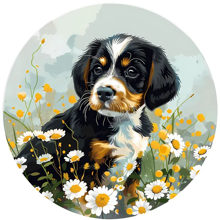 Cute Puppy in Grass with Yellow Flowers