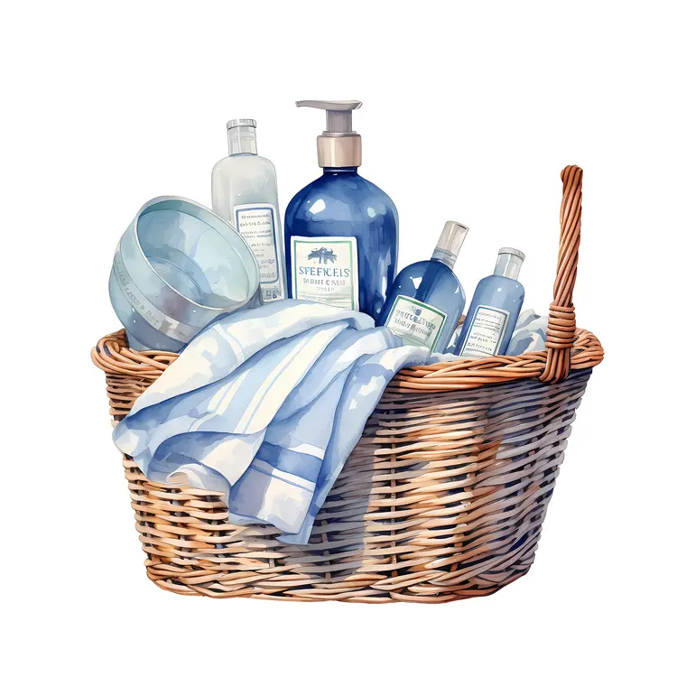 Bath Essentials in Wicker Basket with Blue Bottles