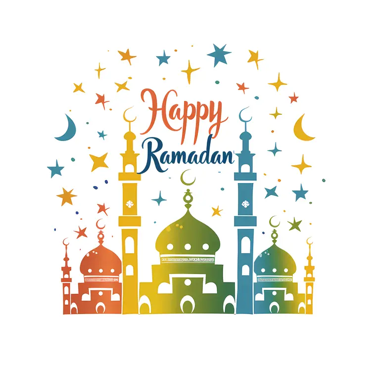 Happy Ramadan with Colorful Mosque and Crescent Moon