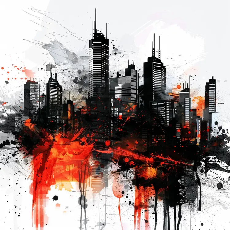 Abstract Cityscape with Red and Black Accents