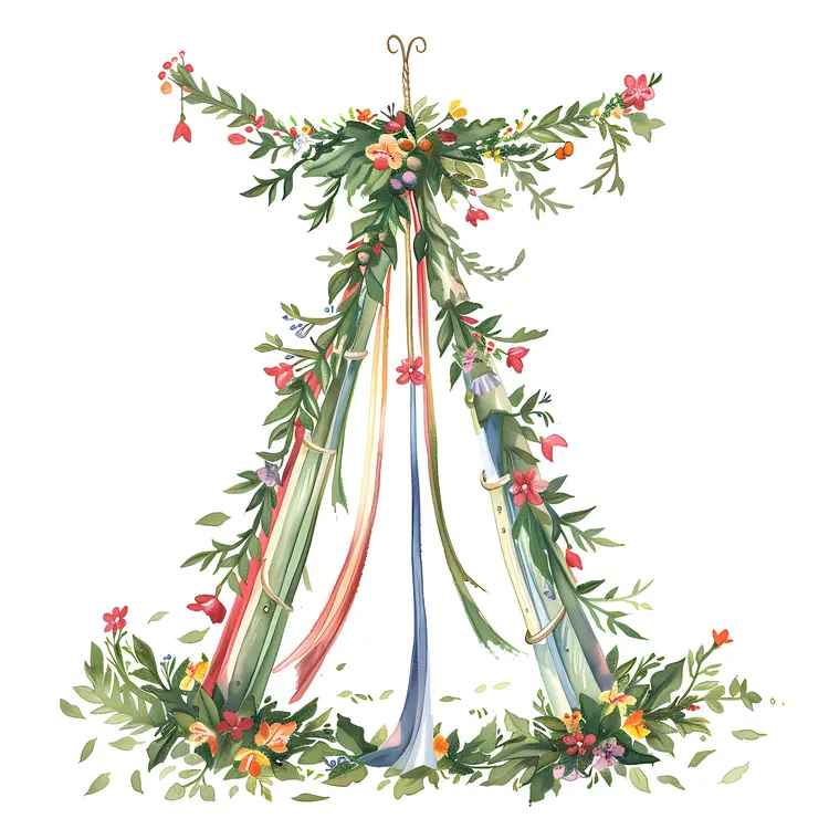 Floral Maypole with Colorful Ribbons