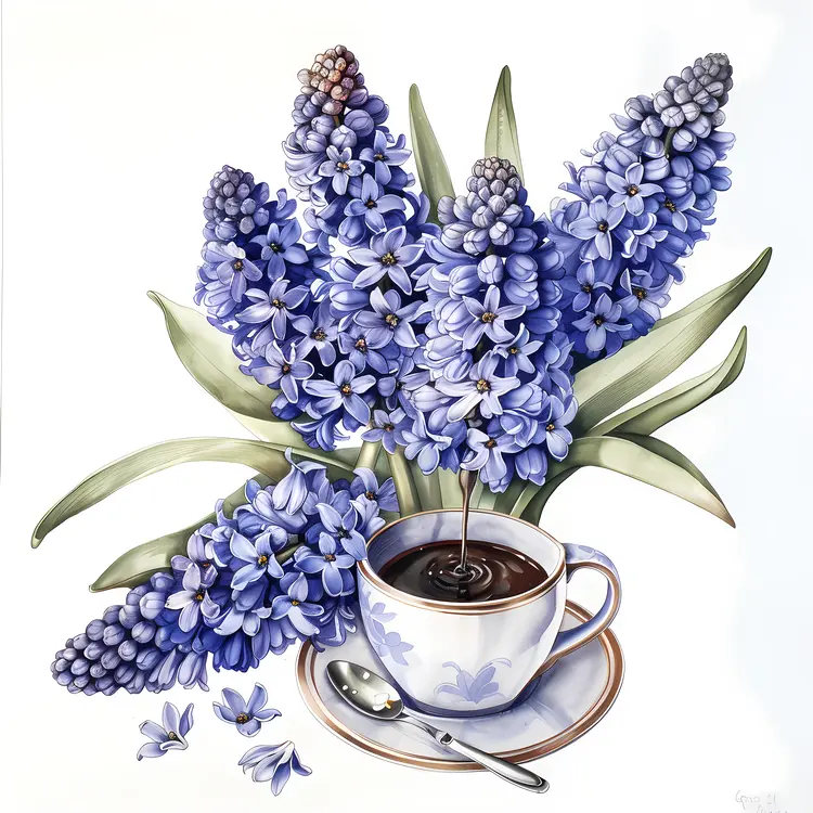 Coffee cup with blue hyacinth flowers